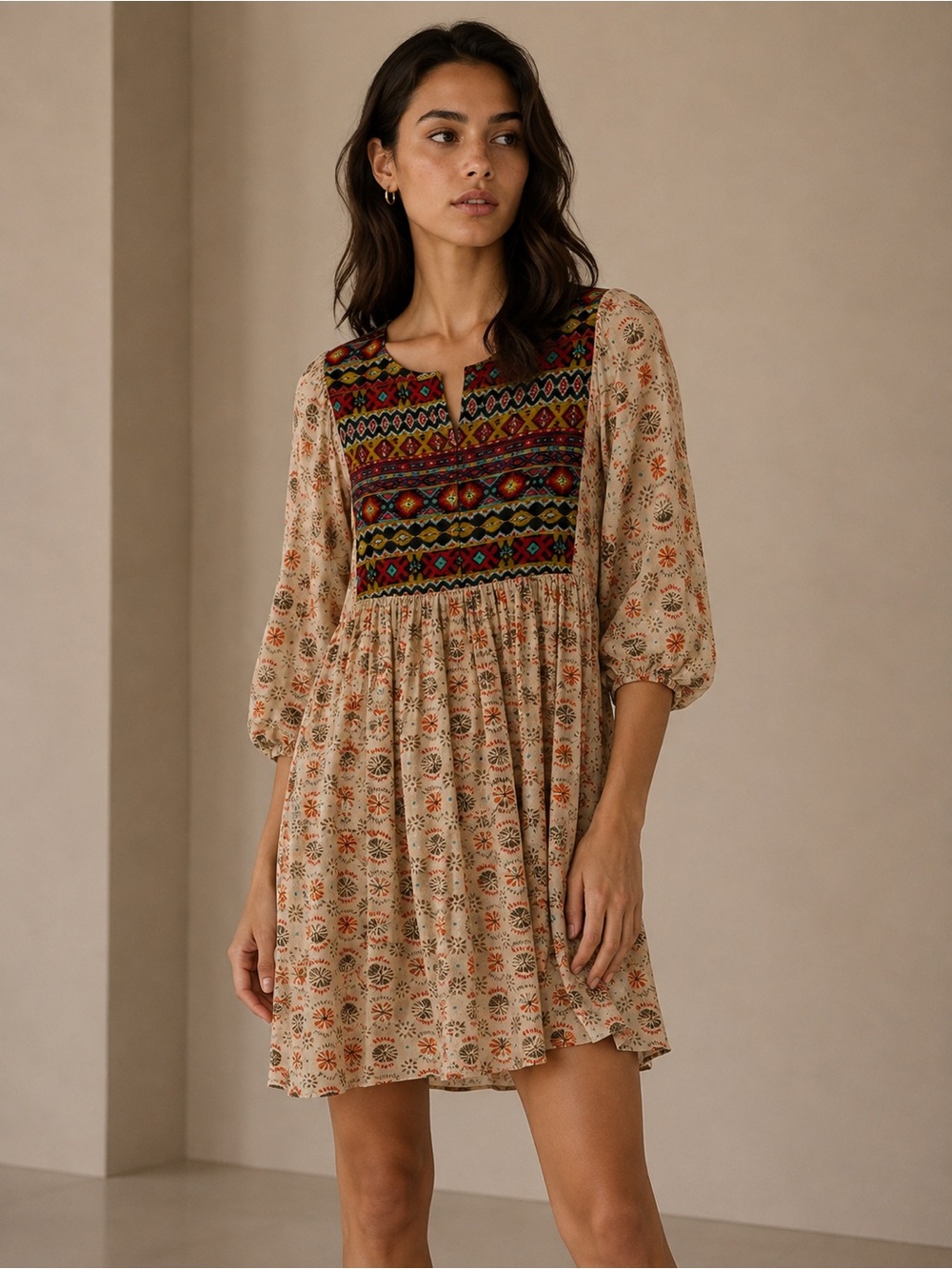 Umgee Boho Beige Floral Embroidered Yoke Babydoll  Dress Size Small